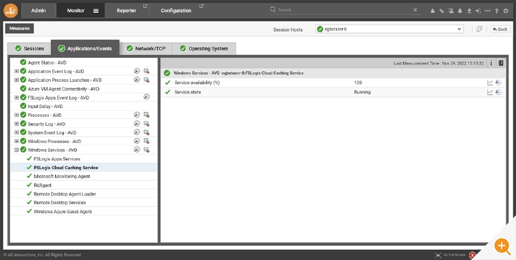 Monitoring Windows Security Event Logs is a good idea when monitoring AVD workloads, here eG Enterpise is shown monitoring many logs and services including the AVD Security Log and FSLogix Services 