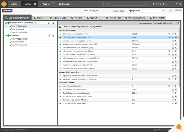 eG Enterprise screenshot showing the monitoring of RemoteFX metrics and some other metrics useful for troubleshooting user experience problems. 