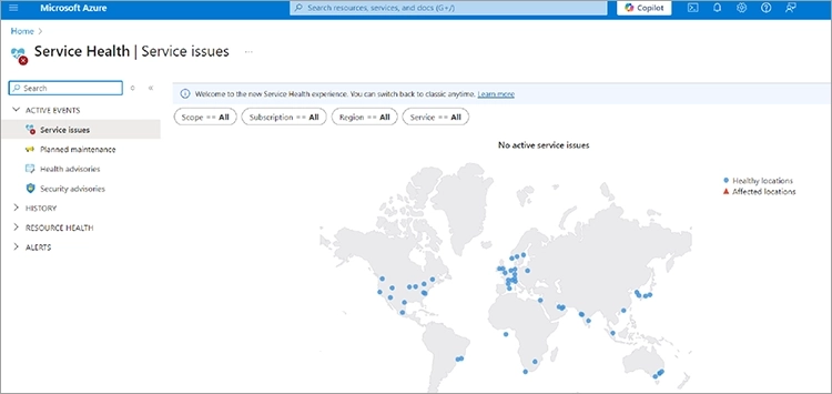 Screenshot of the Microsoft Azure Service Health Screen