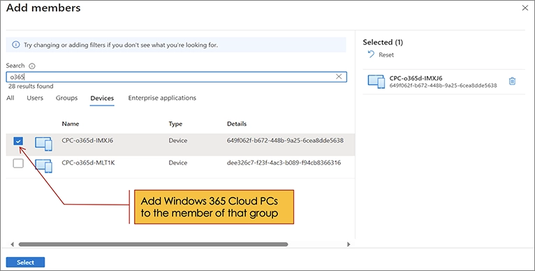 Adding Windows 365 Cloud PCs to a group so that we can collectively manage them and deploy the eG VM agent for monitoring to large numbers of cloud PCs as a bulk action