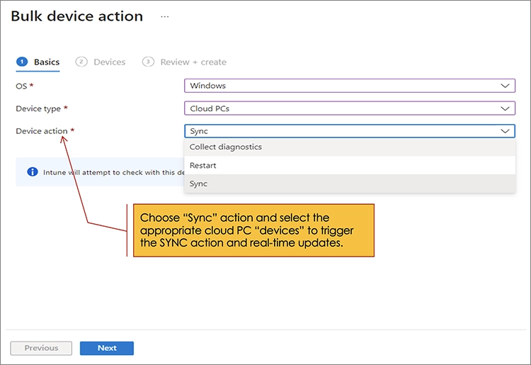 A Microsoft Intune Sync action can be used to force the immediate deployment en-masse (bulk action) of the eG VM Agent for monitoring to start immediately.