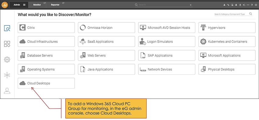 Screenshot from eG Enterprise of the Monitor tab being used to select that Windows 365 Cloud PCs are going to be selected. 