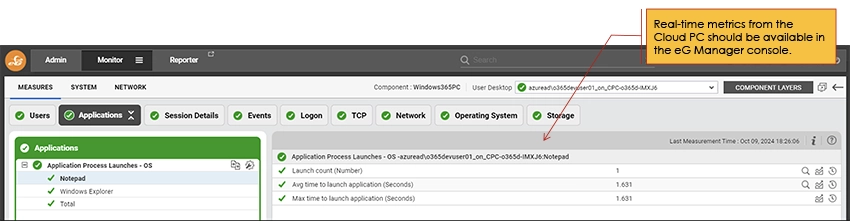 eG Enterprise console is shown. The application tab is selected. Real-time metrics from the applications running on the Windows 365 Cloud PCs that Intune was used to deploy the eG VM agent on are shown and populated.