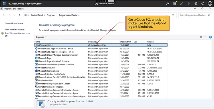 Screenshot showing the eG VM agent installed using the Control Panel of the Windows 365 Cloud PC being accessed.