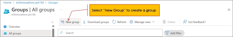 How to create a group in the groups blade in your Microsoft Intune console. This group will be used to deploy the eG VM Agent to your group of Windows 365 Cloud PCs.