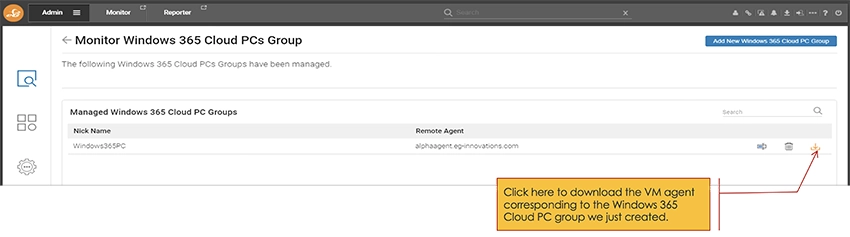 How to download the eG VM agent for eG Enterprise that will be used to monitor Windows 365 Cloud PCs. Screenshot.