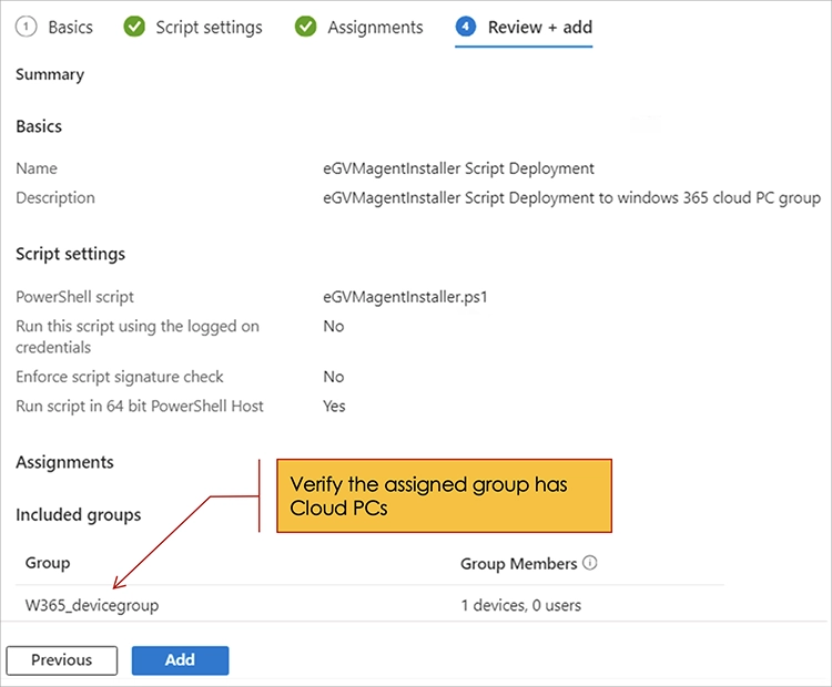 Verifying the Windows 365 Cloud PC group. Microsoft Intune console screenshot.