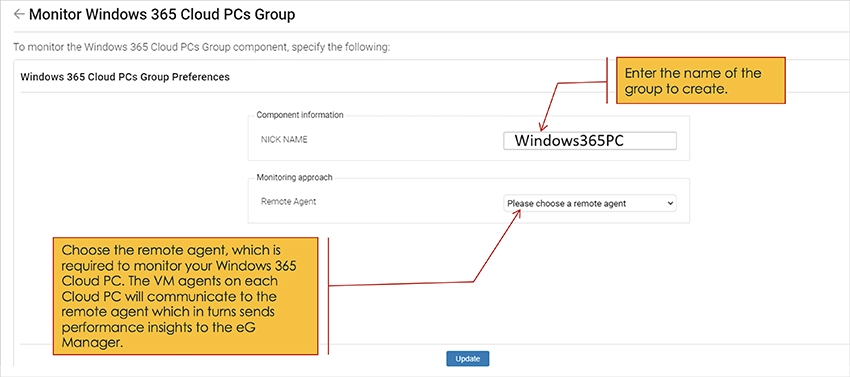 Screenshot showing how to choose the remote eG VM agent approach to monitor Windows 365 Cloud PCs using eG Enterprise