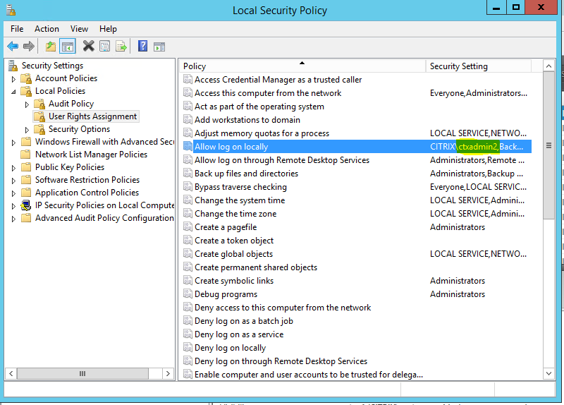 Selection of Allow log on locally policy option 