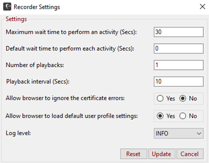 Default Settings Web App Simulation Recorder