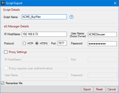 Specifying Credentials to Export the Script