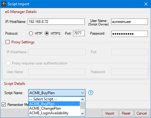 Choosing Script tto Import from eG Manager